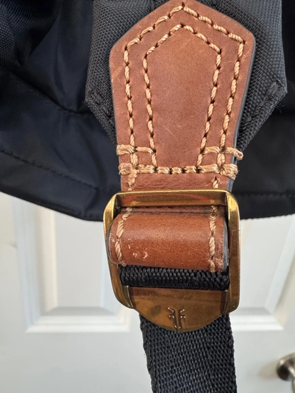 Frye Black Backpack with Brown Leather Accents and Gold 